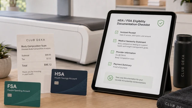 HSA and FSA payment cards with a DEXA scan receipt and scanner in the background.