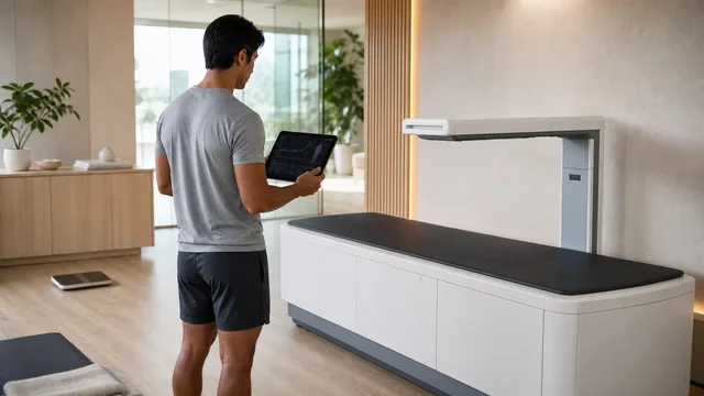 Person reviewing a body-composition trend beside a non-branded DEXA scanner in a bright wellness studio.