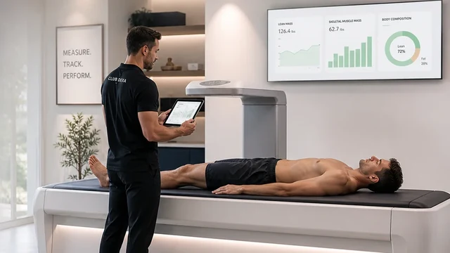 Client lying on a DEXA scanner while a coach reviews lean mass tracking during GLP-1 weight loss.