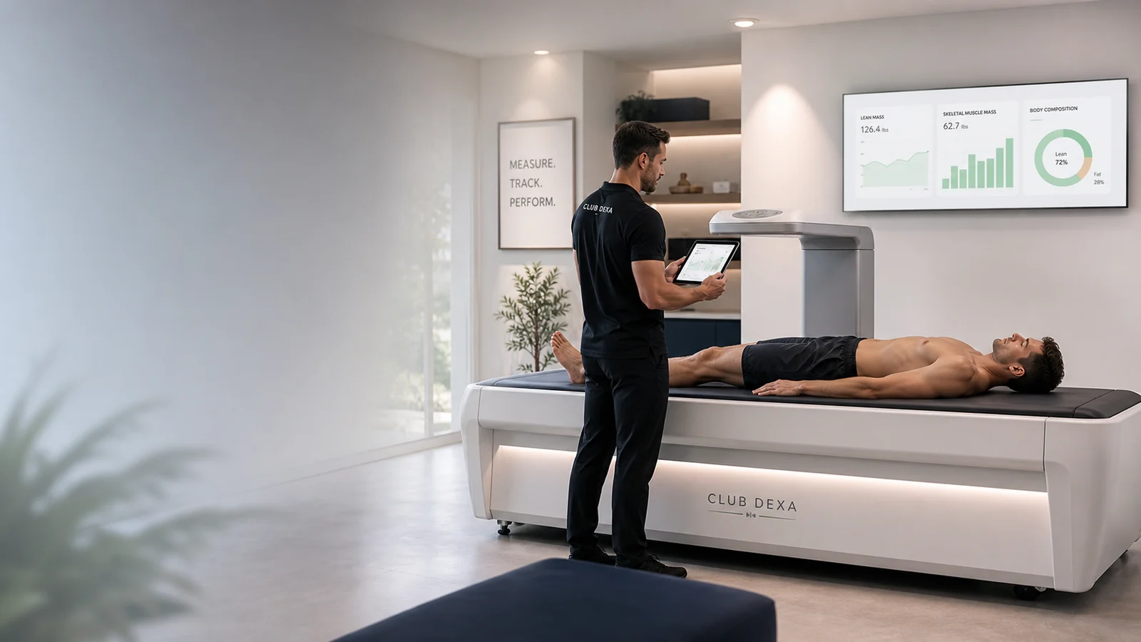 Client lying on a DEXA scanner while a coach reviews lean mass tracking during GLP-1 weight loss.