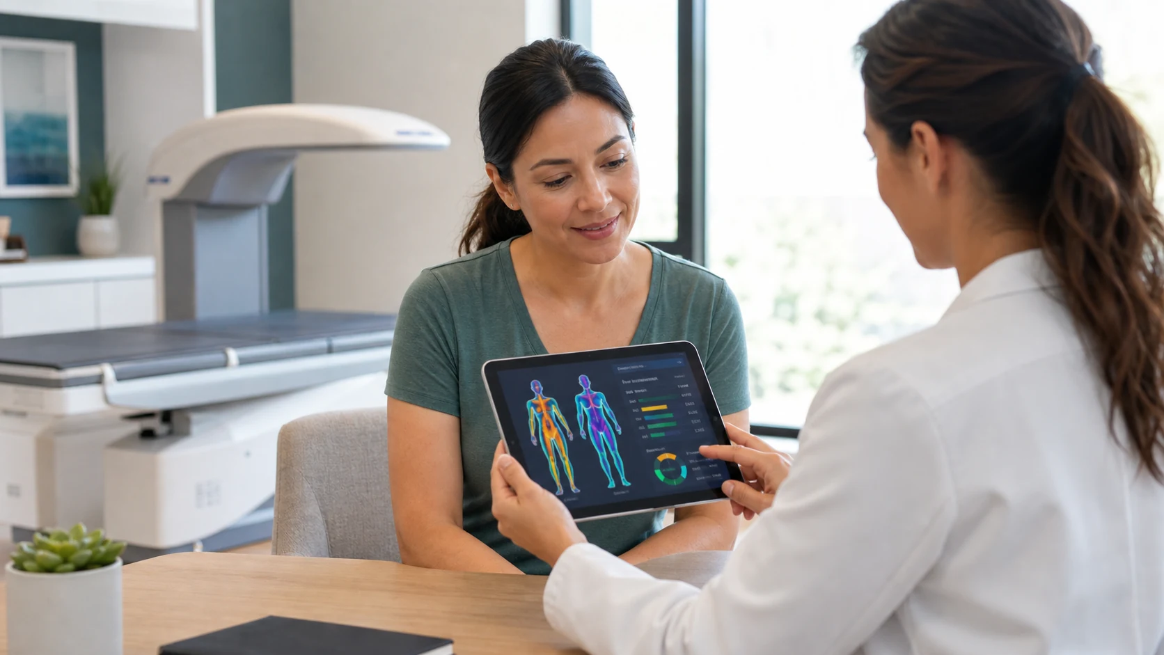 DEXA body composition report displayed beside a modern scan table.